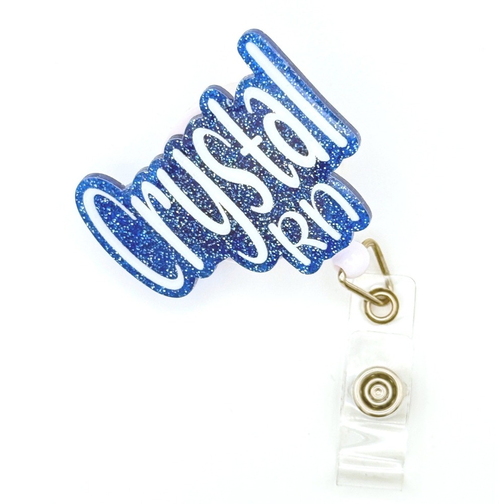 "Crystal RN" Personalized Blue Glitter Retractable Badge Reel Alligator Clip ID